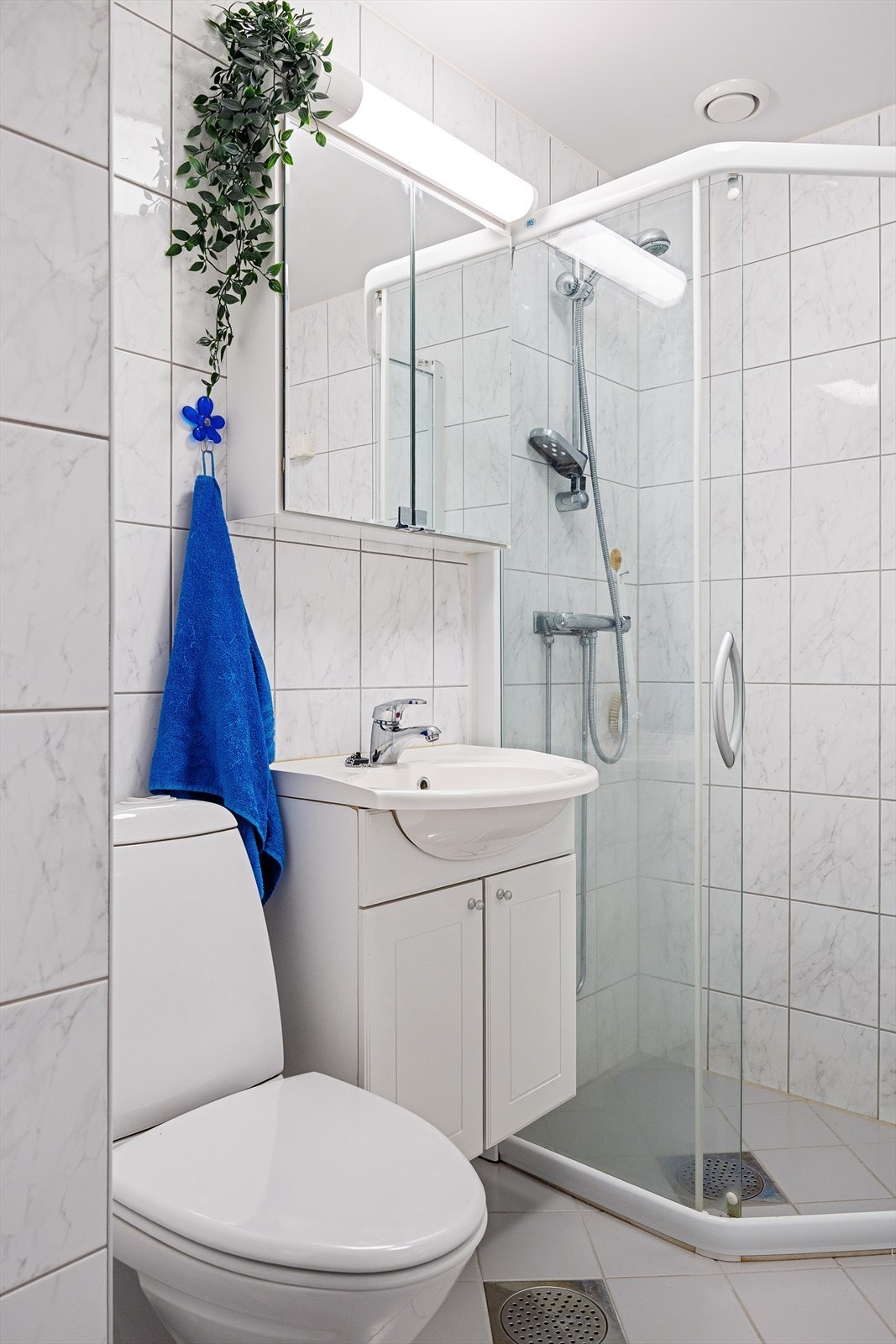 Flis på gulv og flis på vegger. Malt overflate i himling. Gulvvarme. Galleribilde