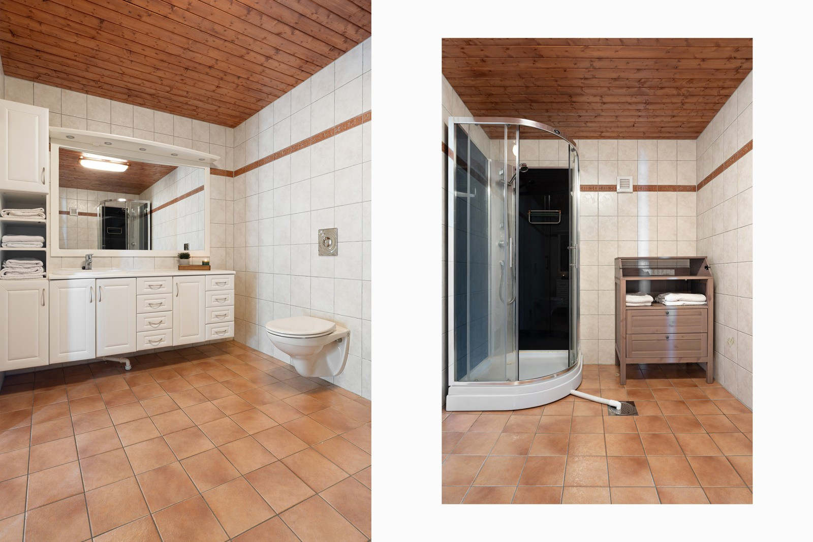 Boligen har tre bad. Hovedbad/wc med gulvvarme, wc og dusjkabinett. Badet har opplegg for badekar og det er plass til stellebord.