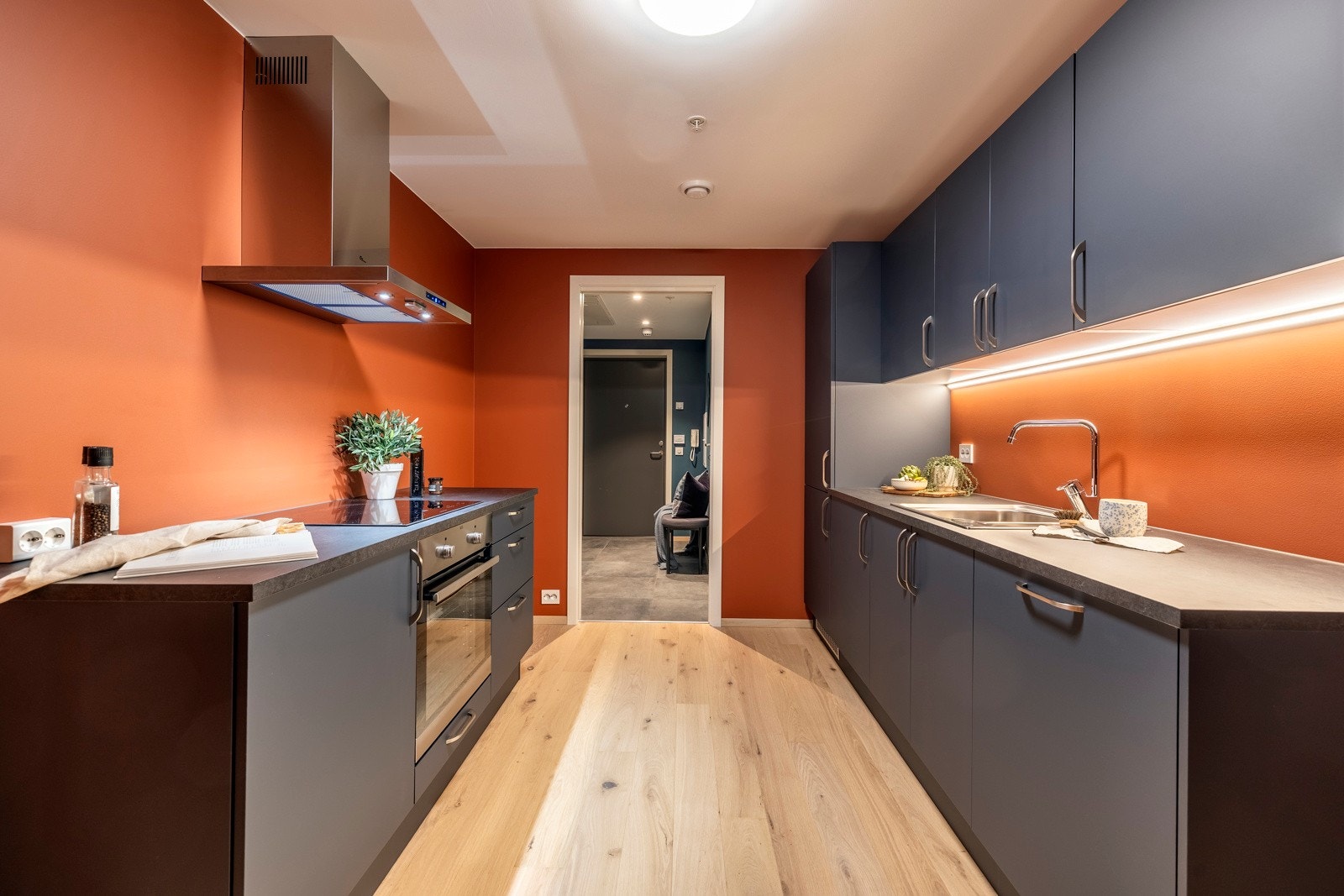 Innredningen har et moderne og stilrent design med mørke, slette fronter og laminerte benkeplater med nedfelt oppvaskkum. Galleribilde
