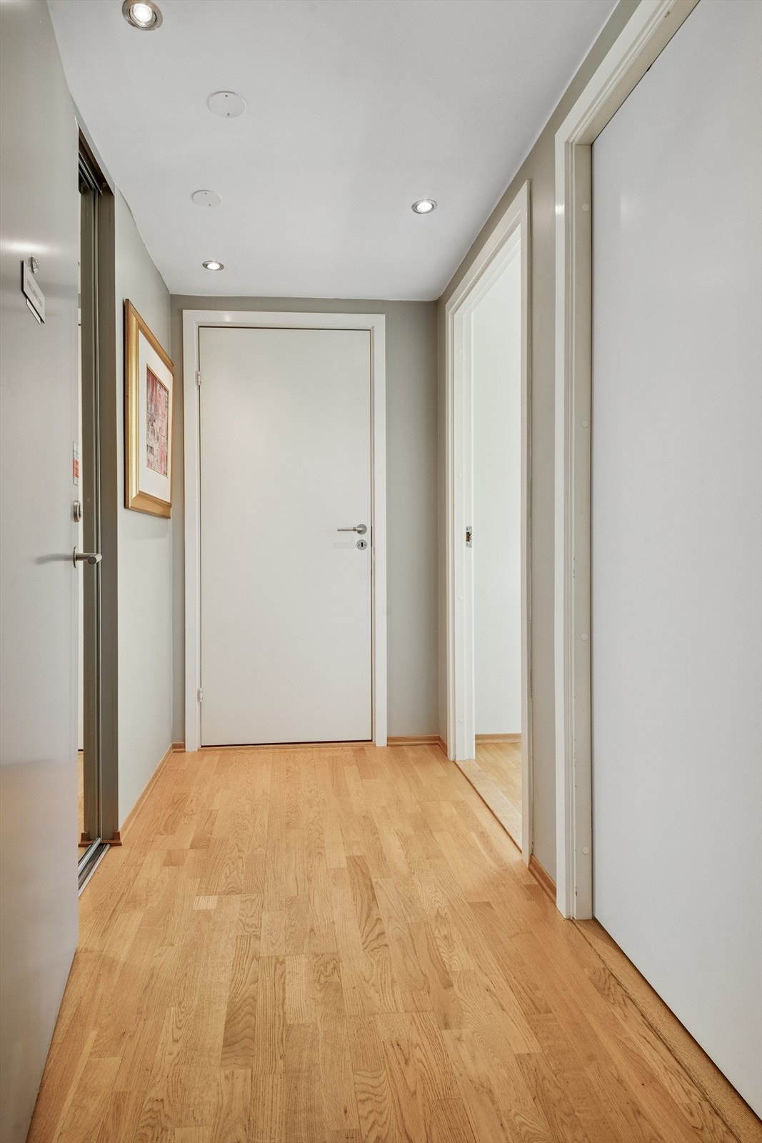 Boligens entré gir et godt førsteinntrykk. Her er det en skyvedørsgarderobe som egner seg godt til oppbevaring. Det er ytterligere oppbevaringsmuligheter i en ekstern bod på ca. 8 kvm. Galleribilde