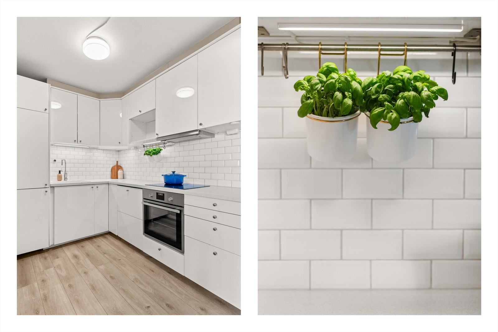 Mellom benkeplate og overskap er det fliser. Hvitevarene er integrerte og består av kjøleskap med frysedel, komfyr, platetopp og oppvaskmaskin. Galleribilde