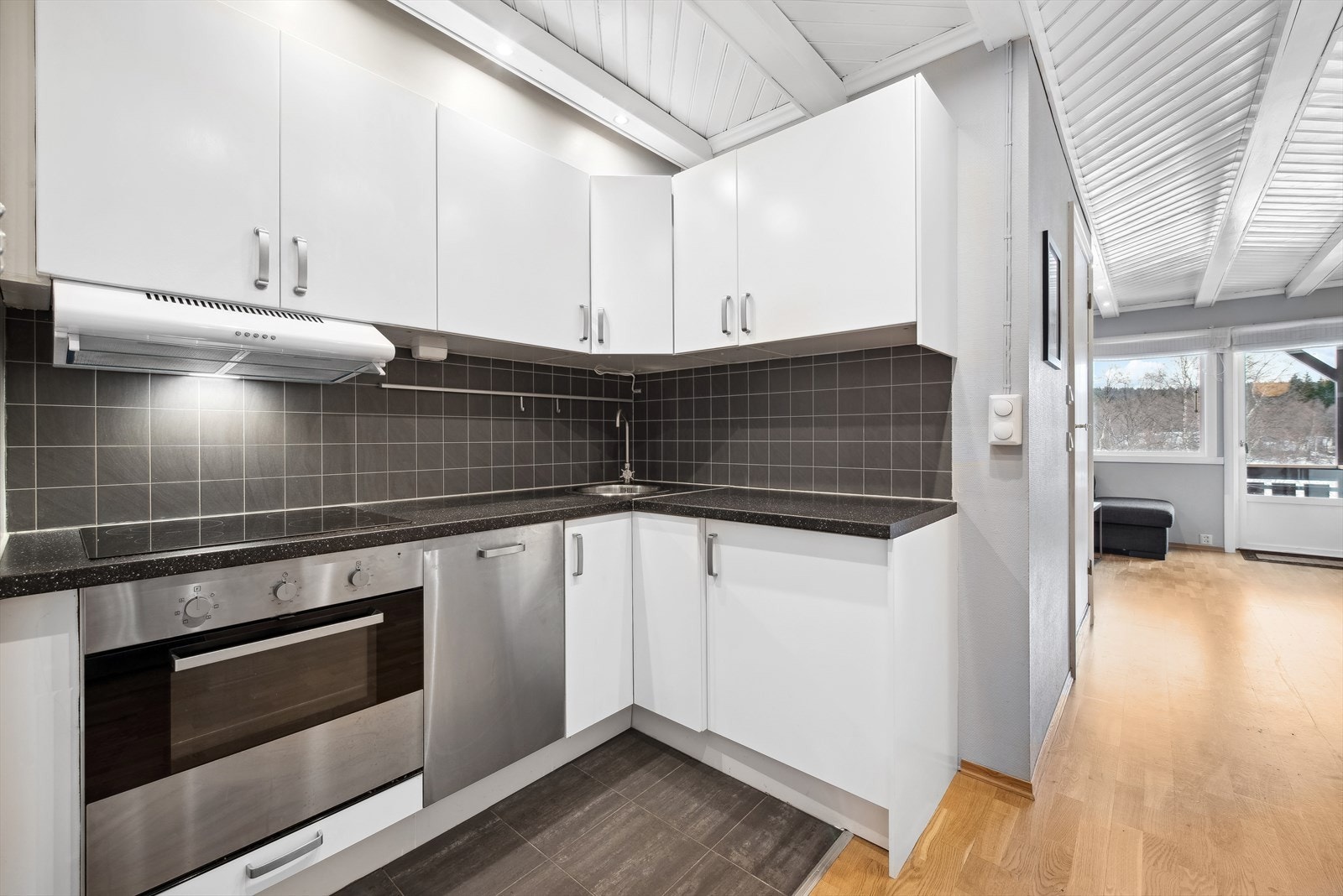 Hvitevarer som stekeovn, platetopp og smal oppvaskmaskin medfølger salget. Galleribilde