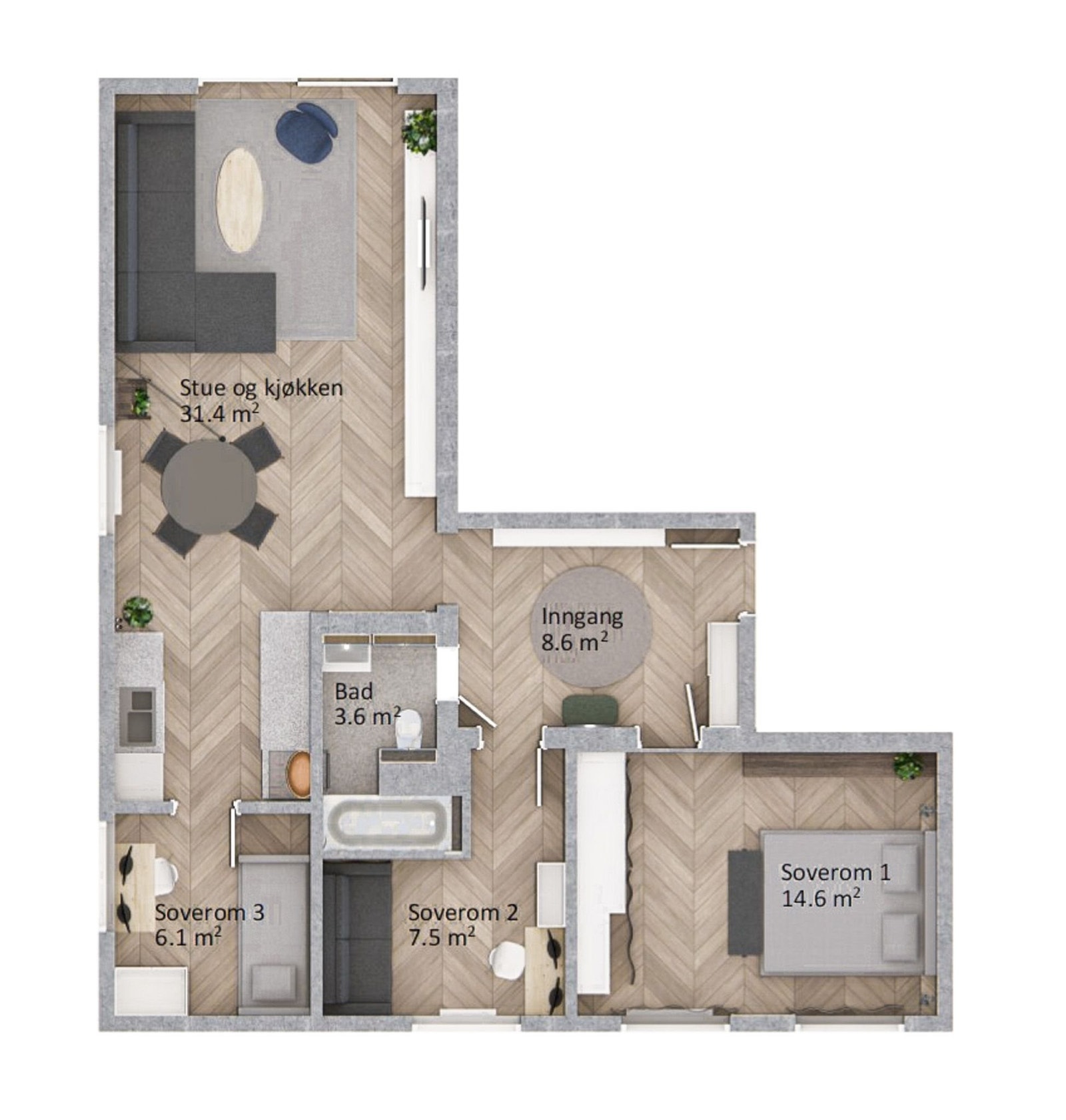 Alternativ planløsning for tre soverom. Galleribilde