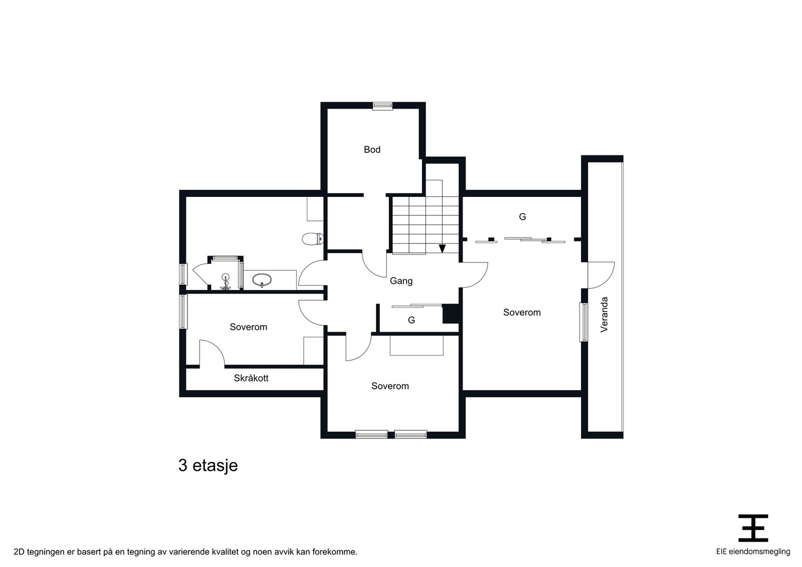 Badet i toppetasjen er romslig og man har lufteveranda mot øst i tilknytning til hovedsoverommet. Legg også merke til boden mot nord Galleribilde