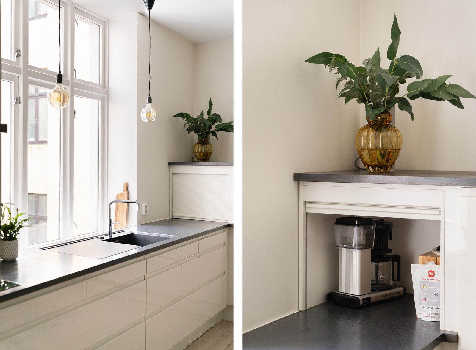 De hvite høyglansfrontene med integrerte grep og den eksklusive benkeplaten i heltre eik med fabrikkmontert vaskekum gir et både tidløst og elegant uttrykk. Galleribilde