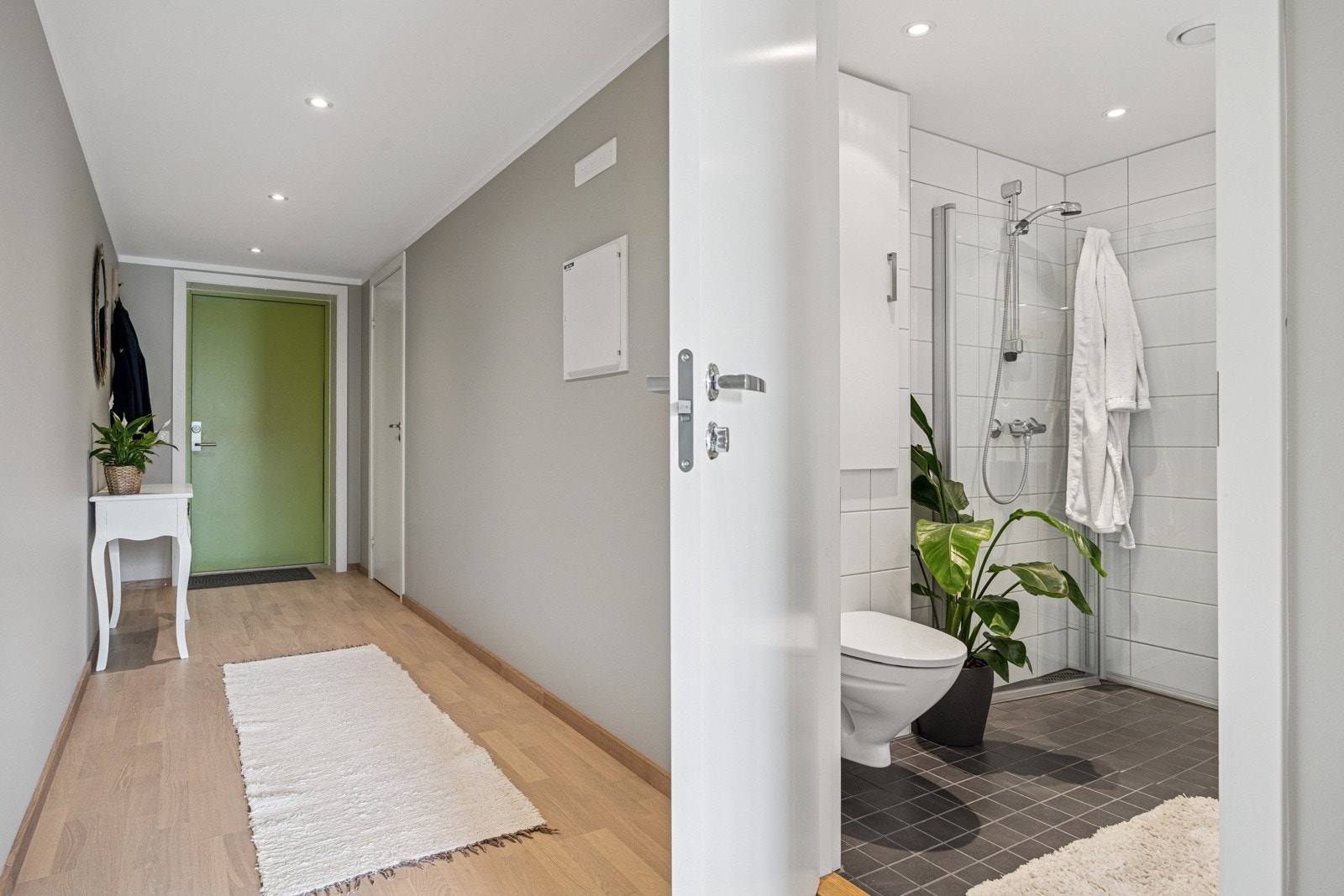 Du blir møtt av en innbydende entré med god plass til vegghengt klesoppbevaring og skoskap. Lekkert nyslipt og fargebehandlet parkettgulv i gang, stue og kjøkken. Galleribilde