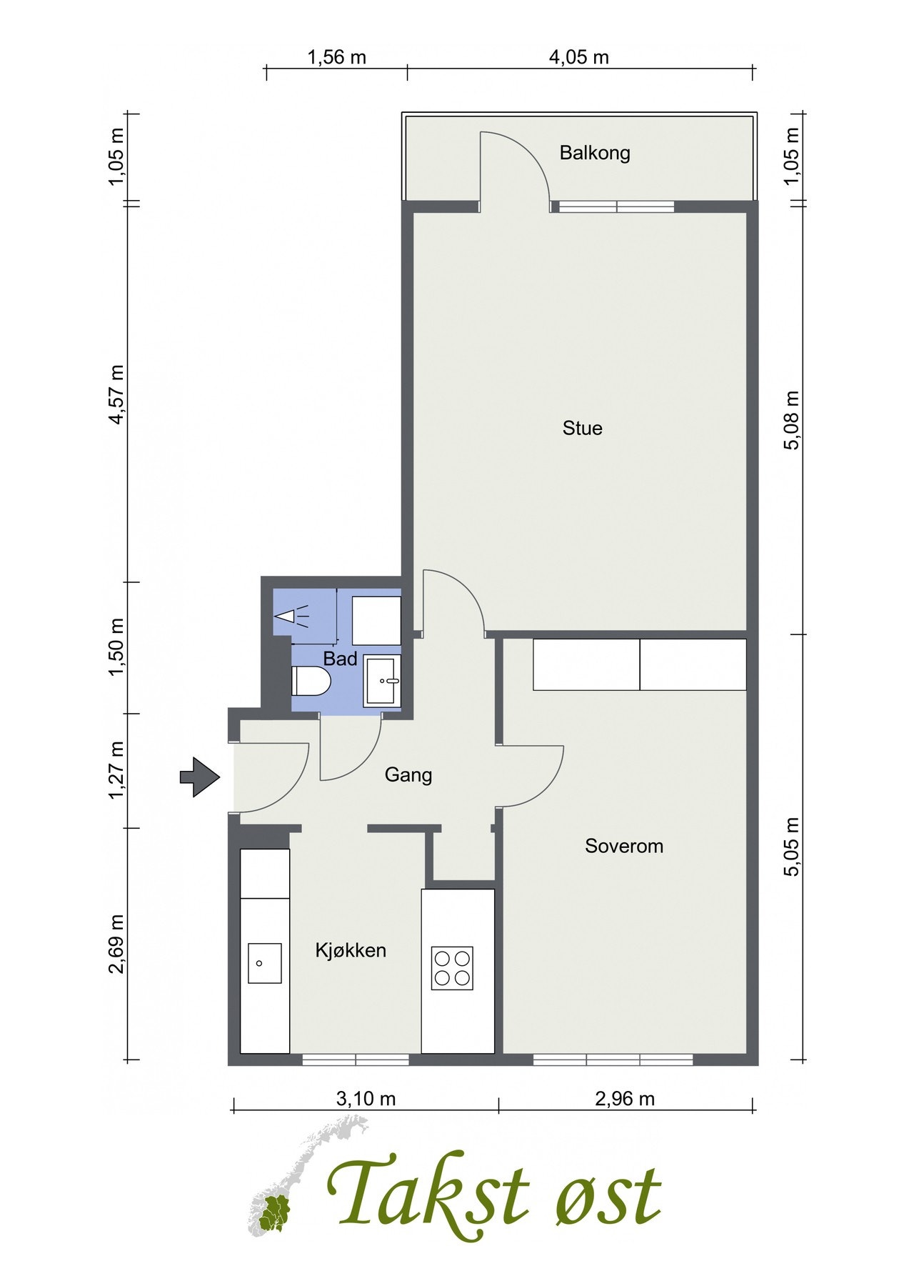 Plantegning. I tillegg disponerer leiligheten en kjellerbod på ca 5 kvm. Galleribilde