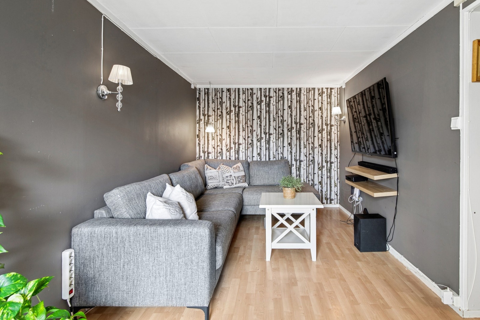 Stuen er innredet med plass til sofagruppe og TV-løsning. Et rom som enkelt kan tilpasses egne ønsker og behov. Galleribilde