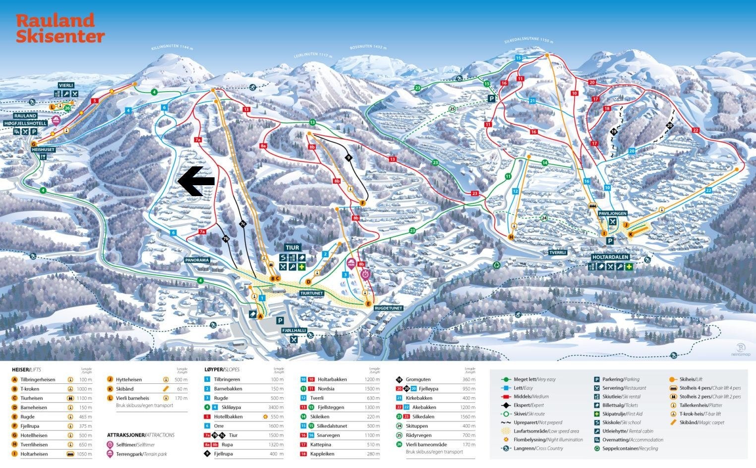 Kart over skianlegget. Hytta markert i kartet Galleribilde