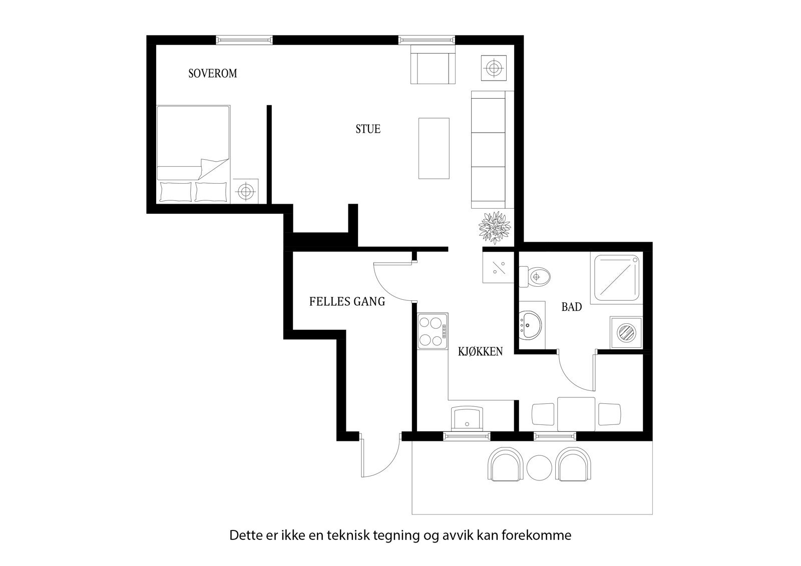 Planløsning for leiligheten - det er også en bod i kjelleren Galleribilde