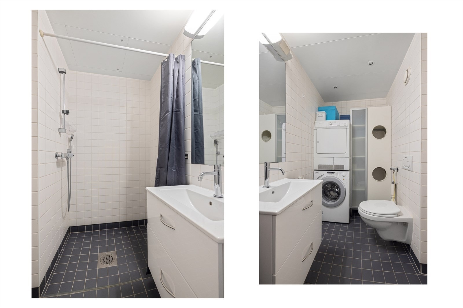 Badet er romslig, og inneholder med stor dusjnisje med forheng, vegghengt toalett og baderomsinnredning med skuffer, servant med ett-greps blandebatteri og speil på vegg. Opplegg for vaskemaskin. Galleribilde