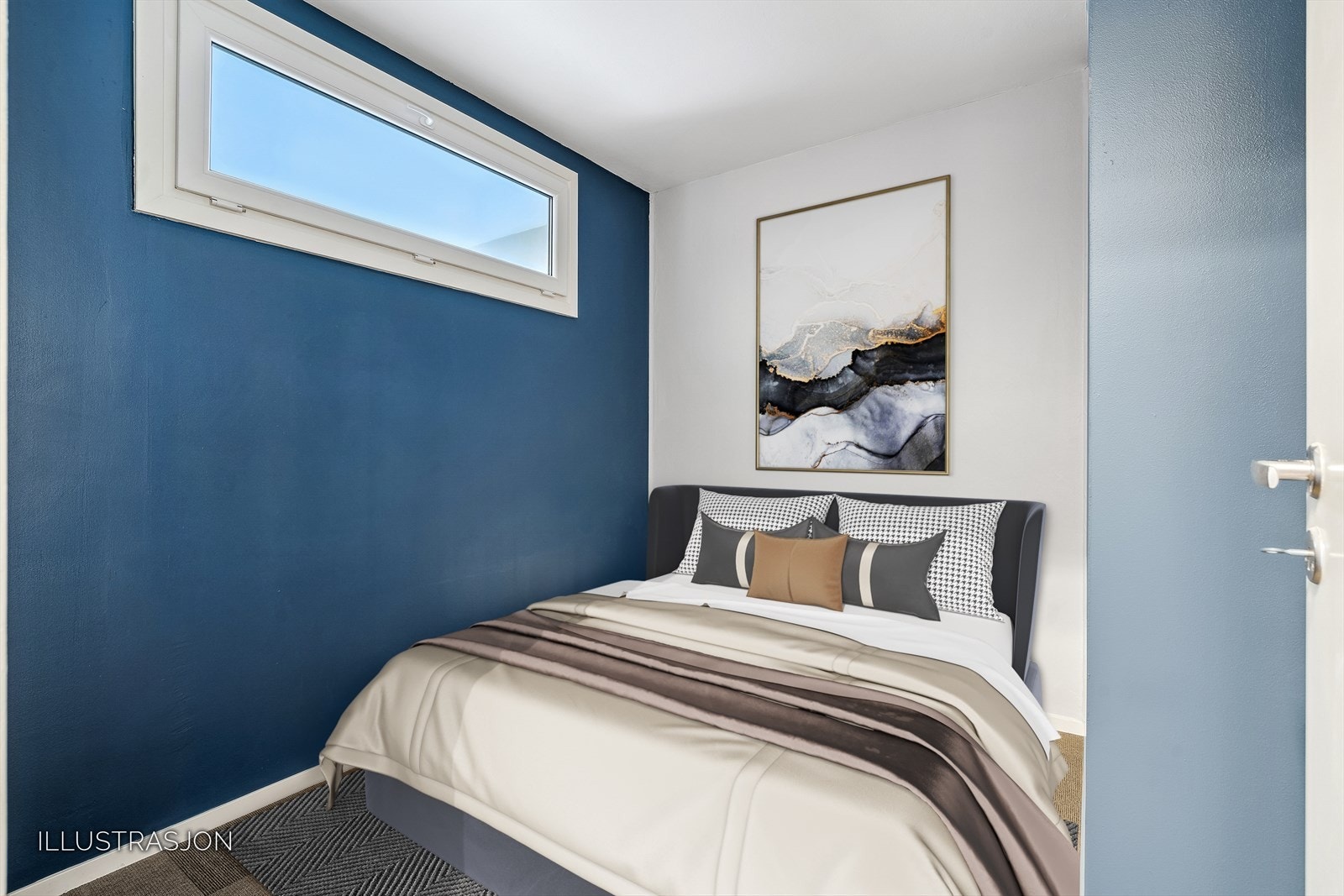 Sovealkove er ca 5,8 kvm. Plass til seng og garderobeskap. Rommet er ikke godkjent som soverom. (Digitalt møblert) Galleribilde