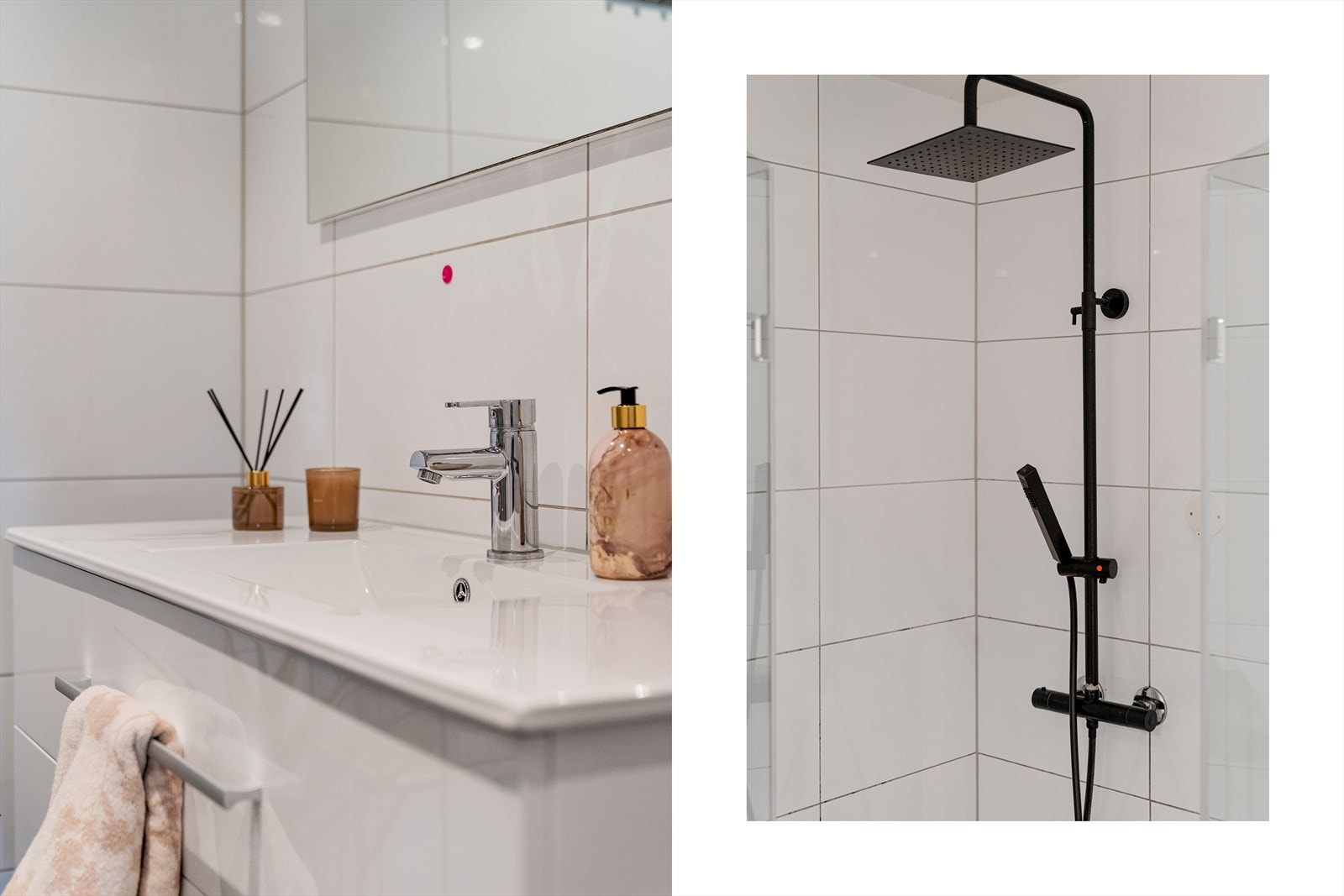 - Innredet med vegghengt toalett, servantskap, dusjhjørne med glassvegger, speil samt opplegg for vaskemaskin - Galleribilde