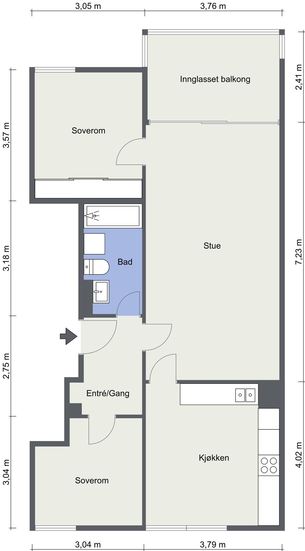 Planløsning. Utover overnevnte areal er det en kjellerbod på 3,7 m2 (BRA-e). Nr. 611. I tillegg 1 eget skap. Nr. 611. Galleribilde
