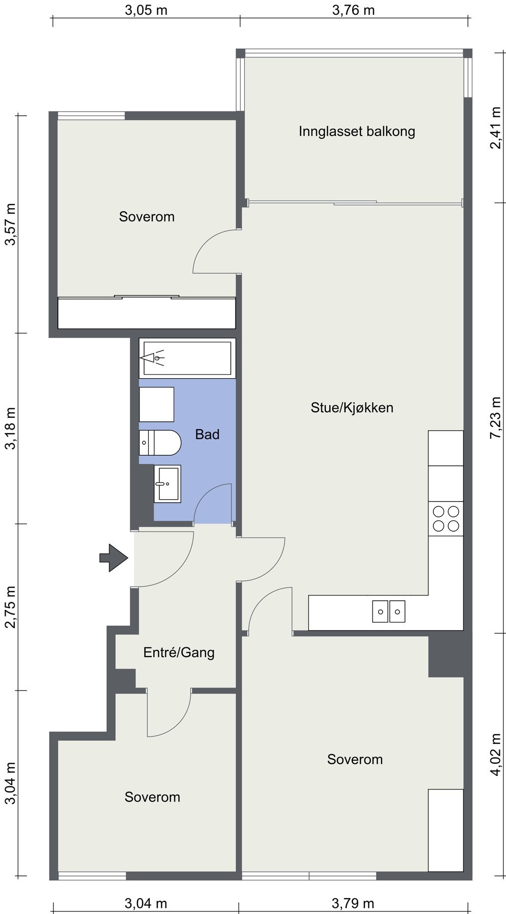 Alternativ planløsning med 3 soverom. Må undersøkes/søkes med styret i forbindelse med rør-føring fra kjøkken Galleribilde