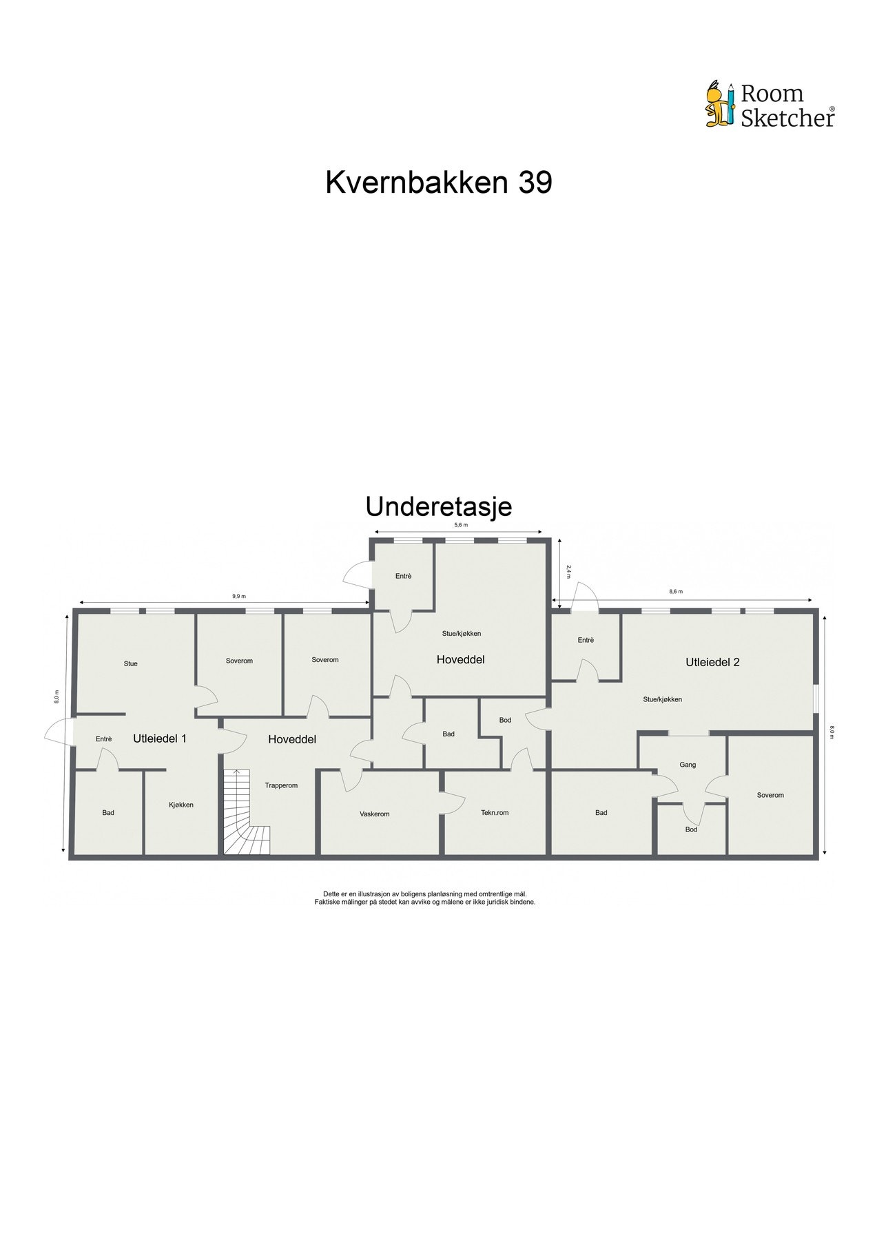 Plantegning underetasje. Det er tre utgangsdører her. Galleribilde