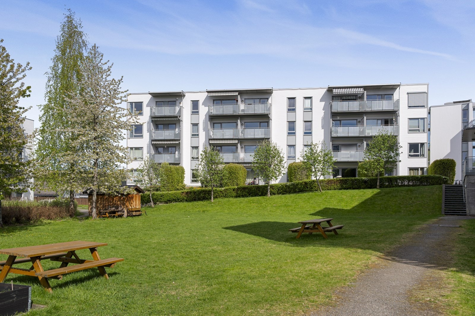 Mellom blokkene er det store og grønne fellesområder til bruk for beboere. Galleribilde