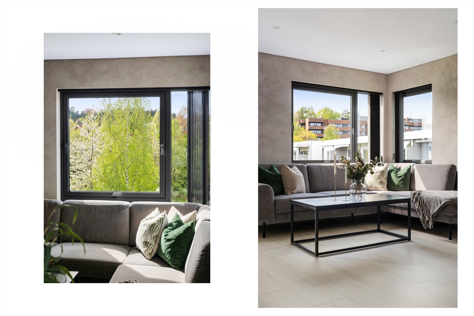 Sorte karmer på vinduer og balkongdør for et moderne uttrykk og downlights i himling. Galleribilde