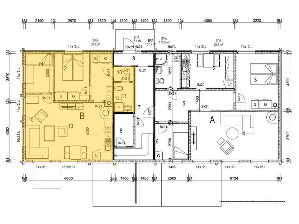 Leilighet markert med gult. NB! Møblert litt annerledes enn på tegning. Galleribilde