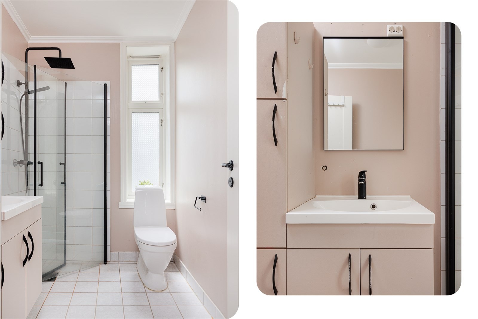 Pent bad som er innredet med nedsenket servant, toalett og dusjhjørne. Galleribilde