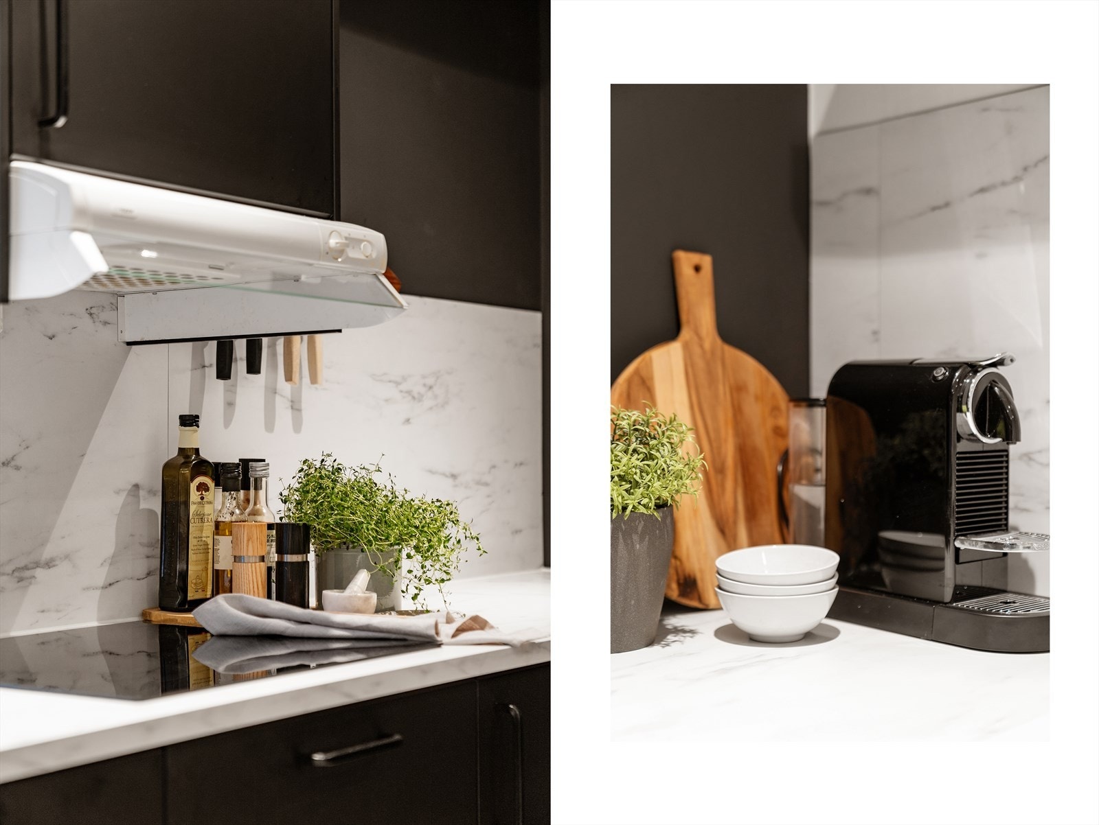 - Kjøkkenet har innredning fra IKEA med sorte glatte fronter og helintegrerte hvitevarer - Galleribilde