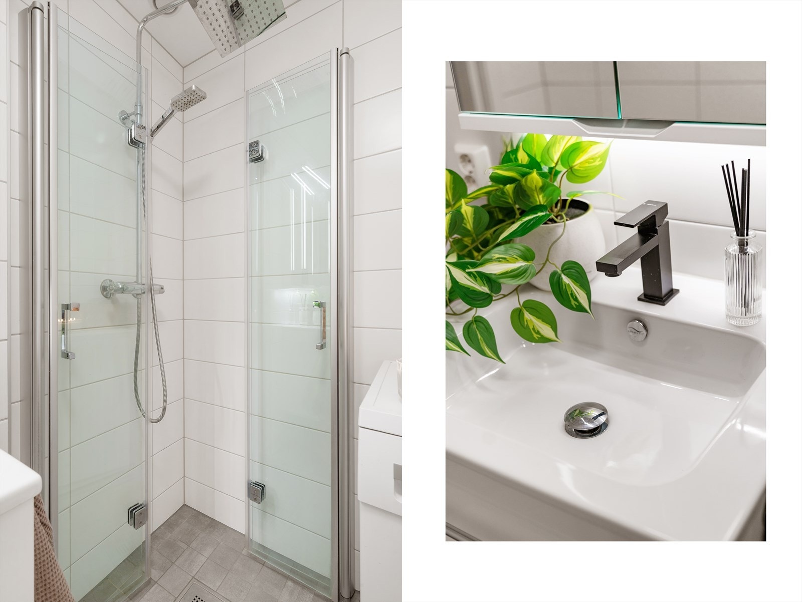 - Merk regnfallsdusj og innfellbare dusjdører som er plassbesparende - Galleribilde