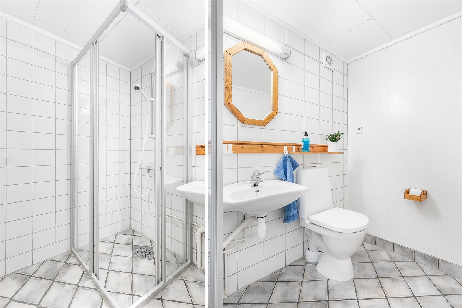 Underetasjens bad er utstyrt med dusjhjørne som alternativ til badekaret i etasjen over. Galleribilde