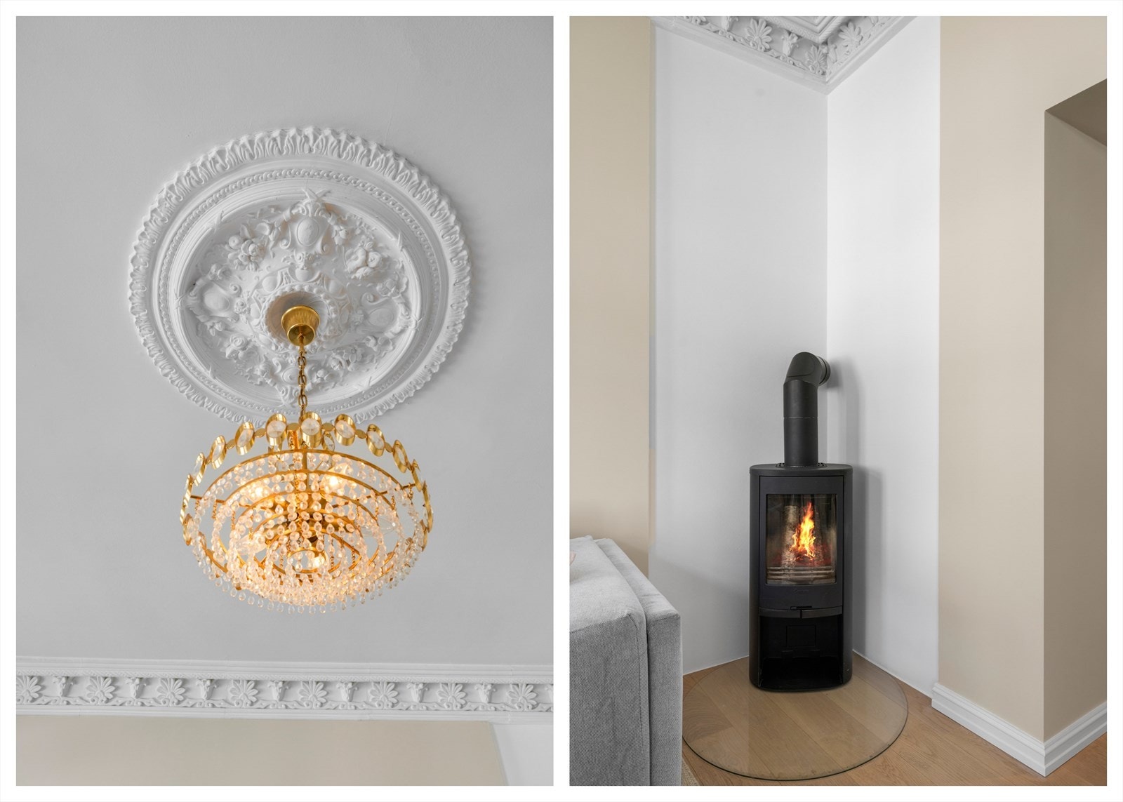 Rosett, stukkatur og peisovn tilfører ekstra eleganse og sjarm, ett- stavs parkett på gulv Galleribilde