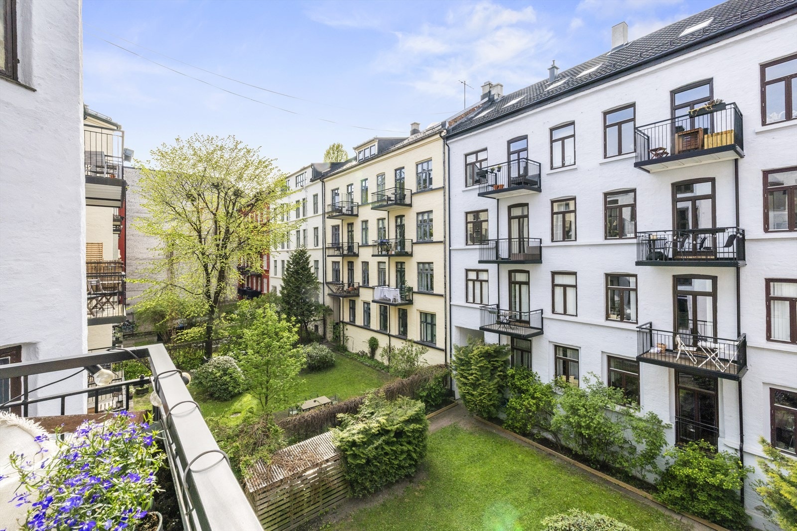 Bakgården har et pent opparbeidet gårdsrom med felles hage, beplantning og et hekk som omkranser området Galleribilde