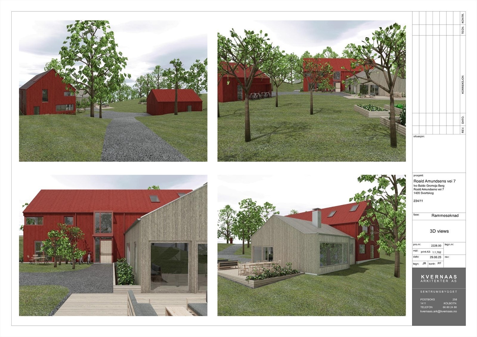 Eier har engasjert Kvernaas arkitekter for tegning av bolig og søknader til kommunen. De har nå fått rammetillatelse på riving av eksisterende bolig og oppføring av et flott nybygg / enebolig med utleiedel og garasje.
3D view Galleribilde