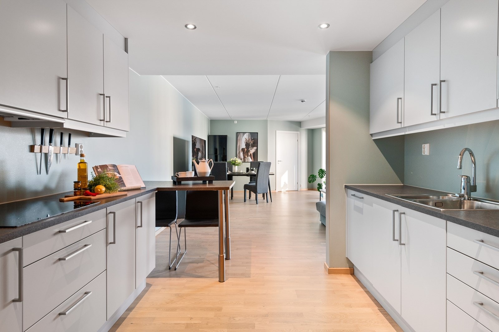 Innredningen har glatte fronter og laminert benkeplate med nedfelt oppvaskkum. Praktisk med innfelte downlights i himlingen. Galleribilde