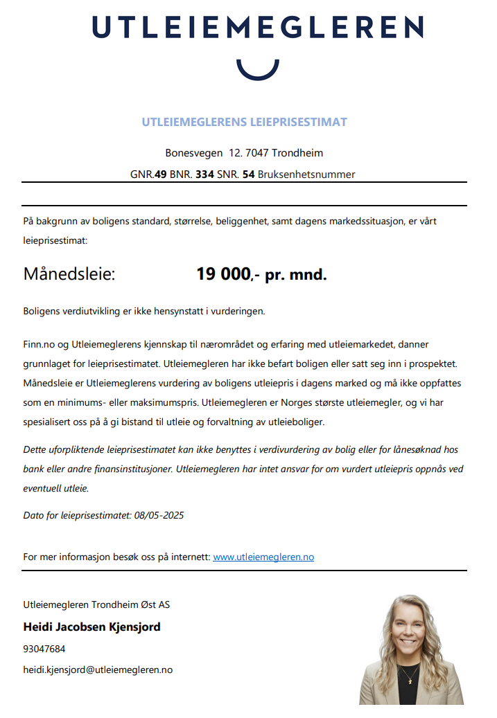 Utleiemegleren har estimert utleieverdien til boligen å være kr. 19 000,- pr. måned. Galleribilde