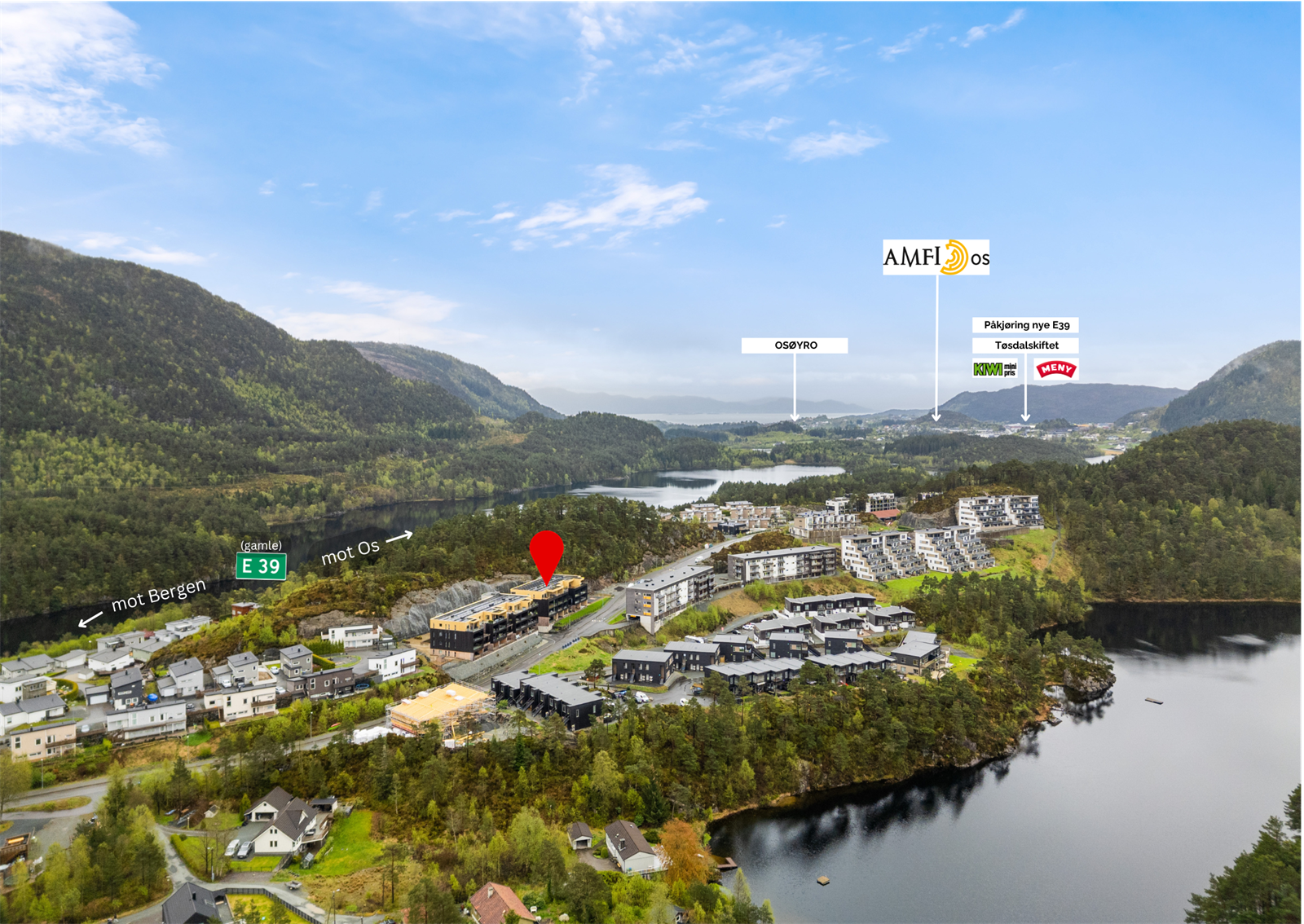Herfra er det bare få minutter til påkjøring til nye E39, Osøyro og mange butikker. Ca 20 min til Lagunen. Galleribilde