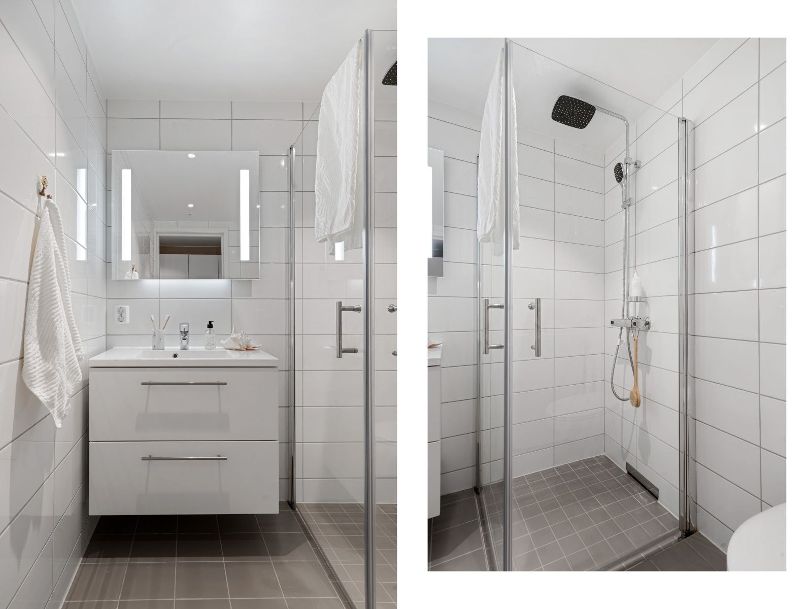Fuktsjekk er foretatt uten funn av avvik. Badet har også balansert ventilasjon for et godt inneklima. Legg merke til den stilige sluken i dusjen! Galleribilde
