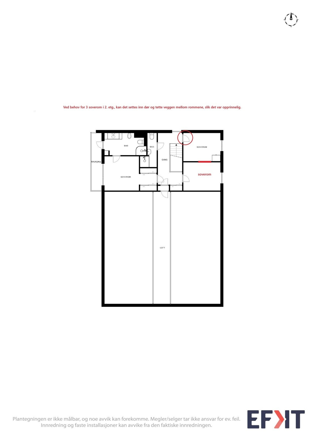 Her ser du forslag til hvordan du enkelt kan få 3 soverom i boligens 2. etg. Galleribilde