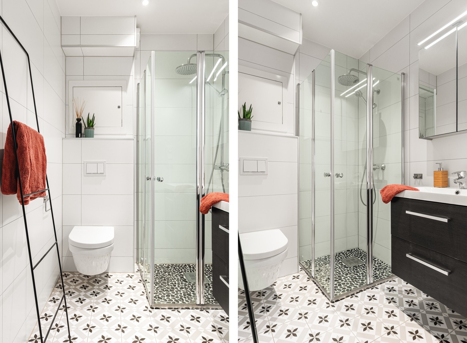 Badet har nydelige "Souk"-inspirerte fliser og i dusjhjørnet er det lagt rullestein. Galleribilde