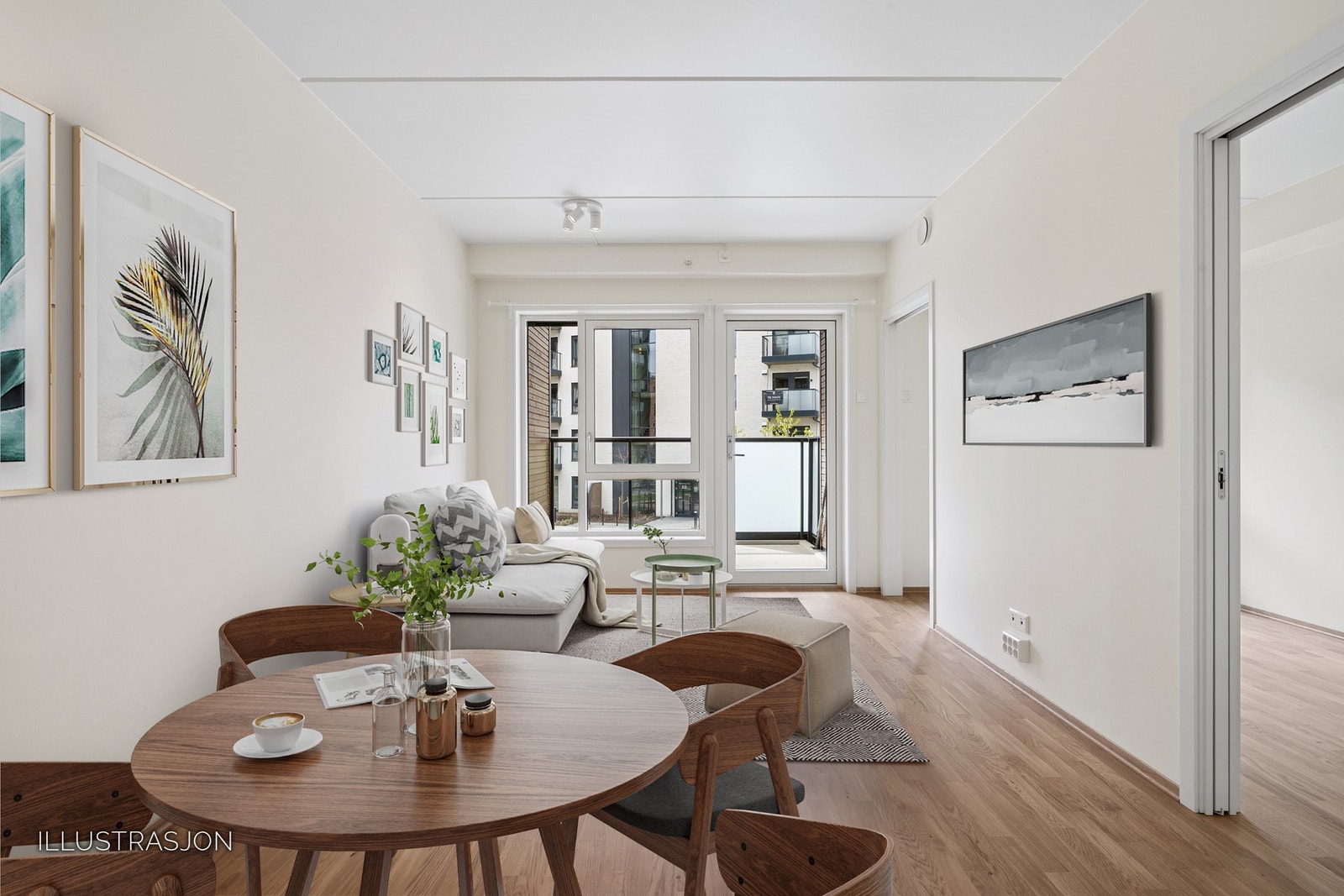 Illustrasjonen viser hvordan stuen enkelt kan møbleres med både spiseplass og sofakrok. Perfekt for både hverdag og hyggelige kvelder. Galleribilde