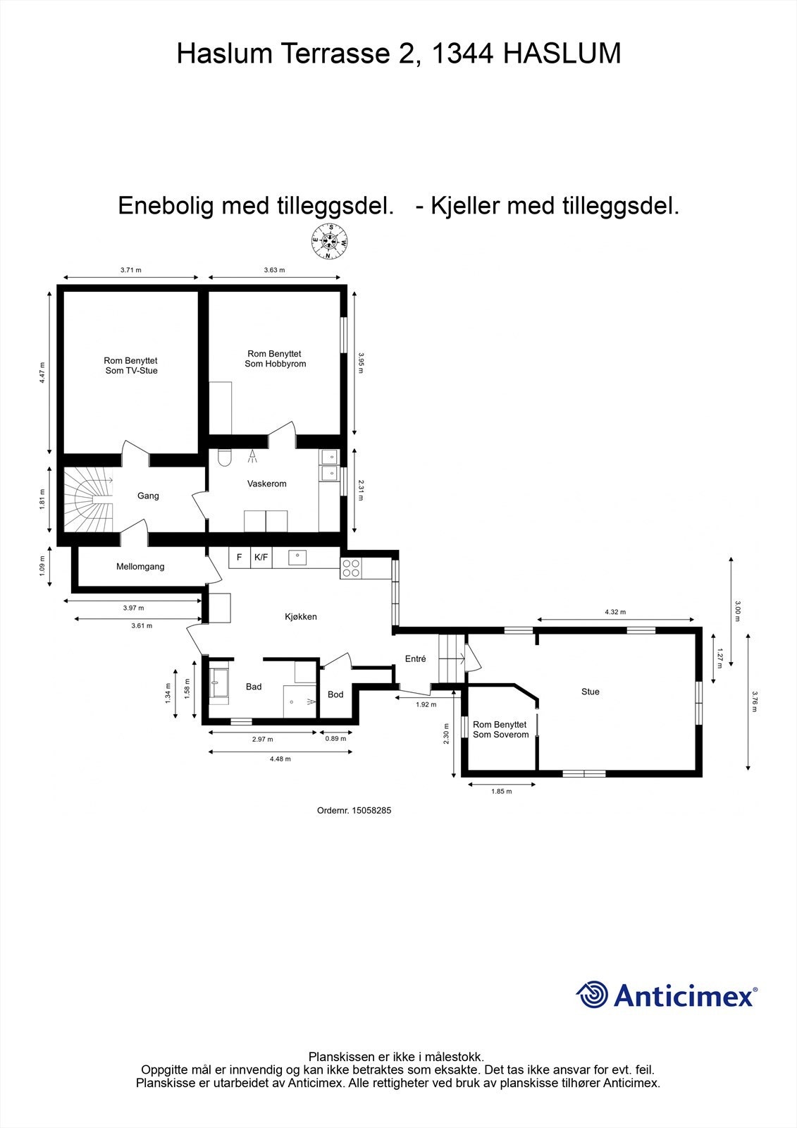 Plantegning underetasjen - Underetasjen er ikke godkjent til varig opphold. Deler av underetasjen benyttes til hybel/utleie Galleribilde