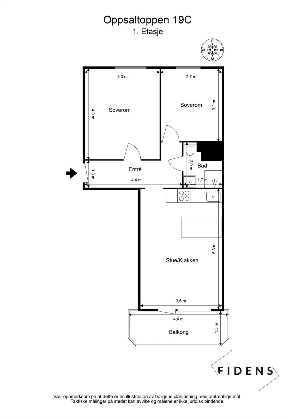 PLANTEGNING - Leiligheten har opprinnelig en 2-roms med separat kjøkken, men selger har flyttet kjøkkenet ut i stuen for å etablere et ekstra soverom. Galleribilde