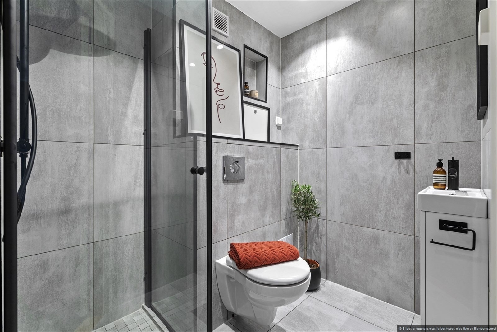 Delikat baderom som ble oppusset i 2021. Innfellbar dusj, toalett, og servant med speil. Flislagt og opplegg til vaskemaskin. Galleribilde