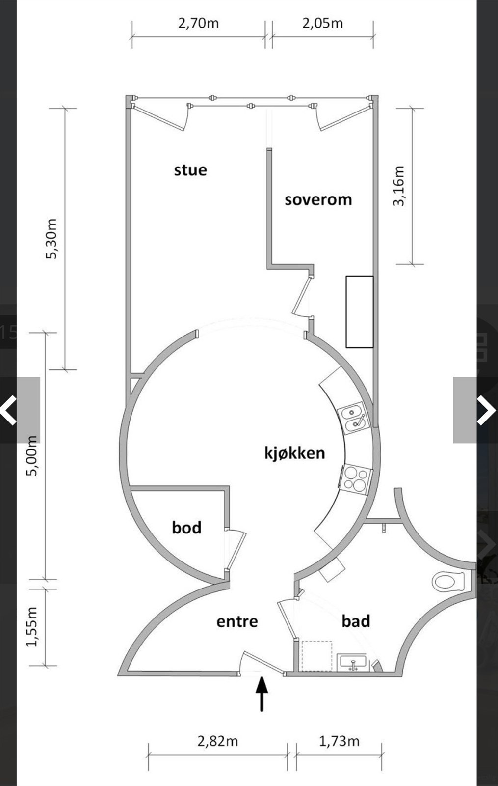Tidligere plantegning (alternativ) fra forrige salgsannonse. Boden på soverommet er fjernet og rommet ble utvidet. Galleribilde