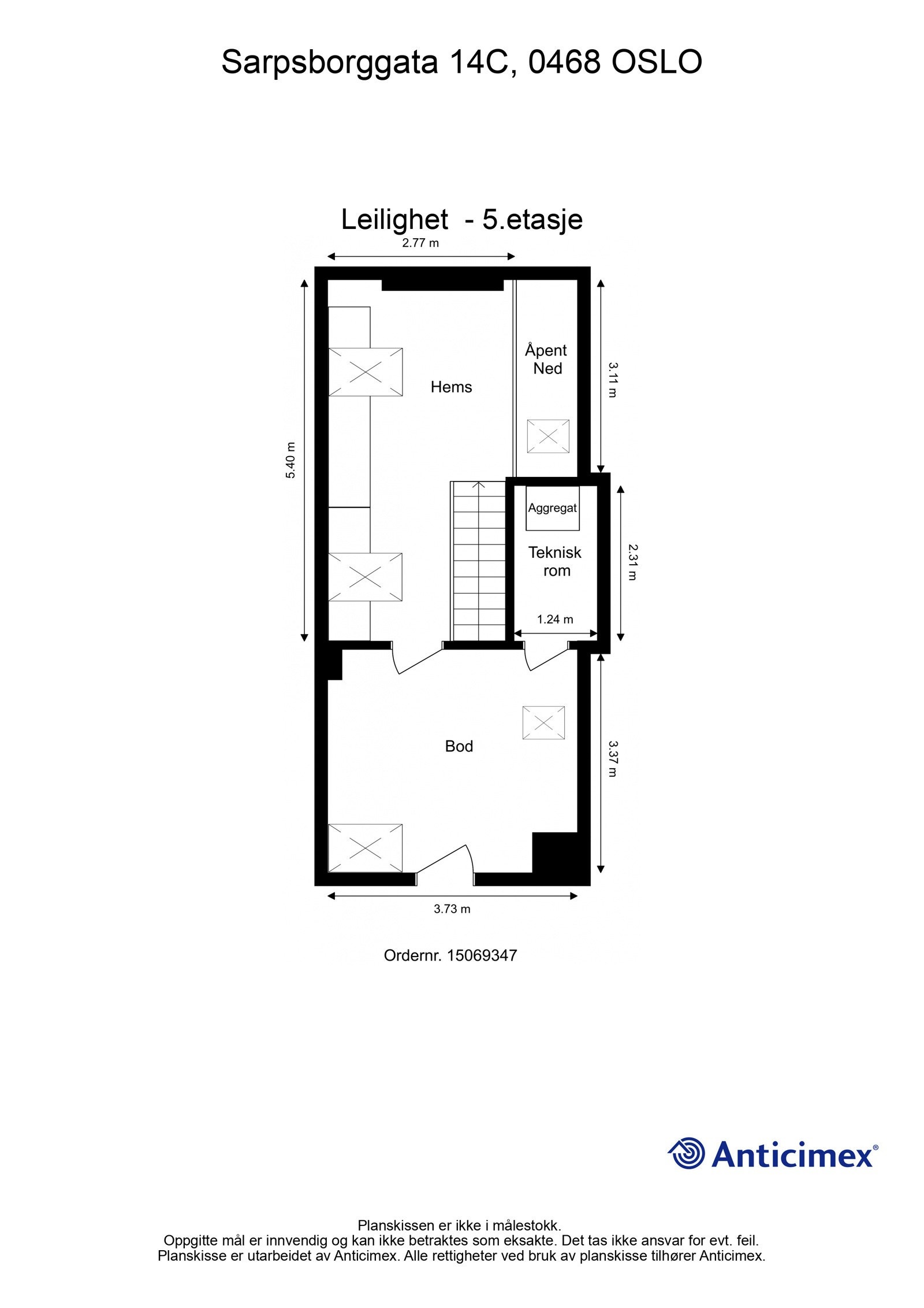 Plantegning hems. I tillegg disponerer leiligheten en kjellerbod på ca. 8m², samt et fellesrom som deles med nabo fra tilstøtende leilighet. Galleribilde