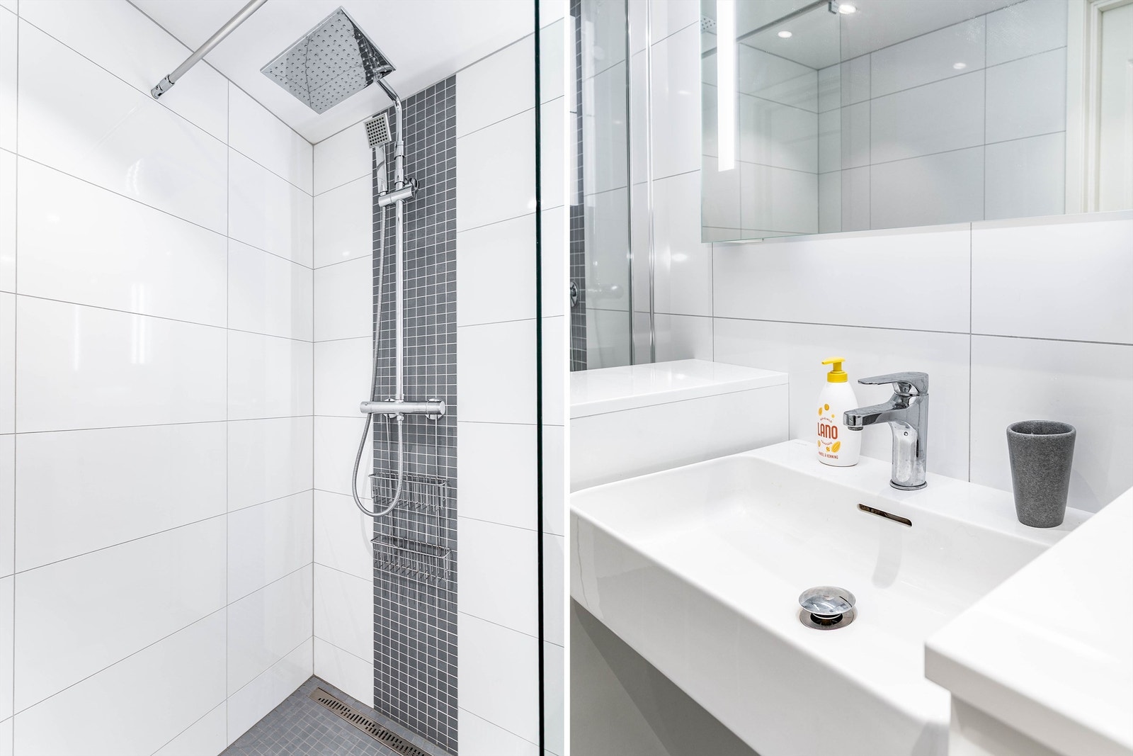 Badets gulv og vegger er flislagt, gulvet har også elektrisk varme. Galleribilde