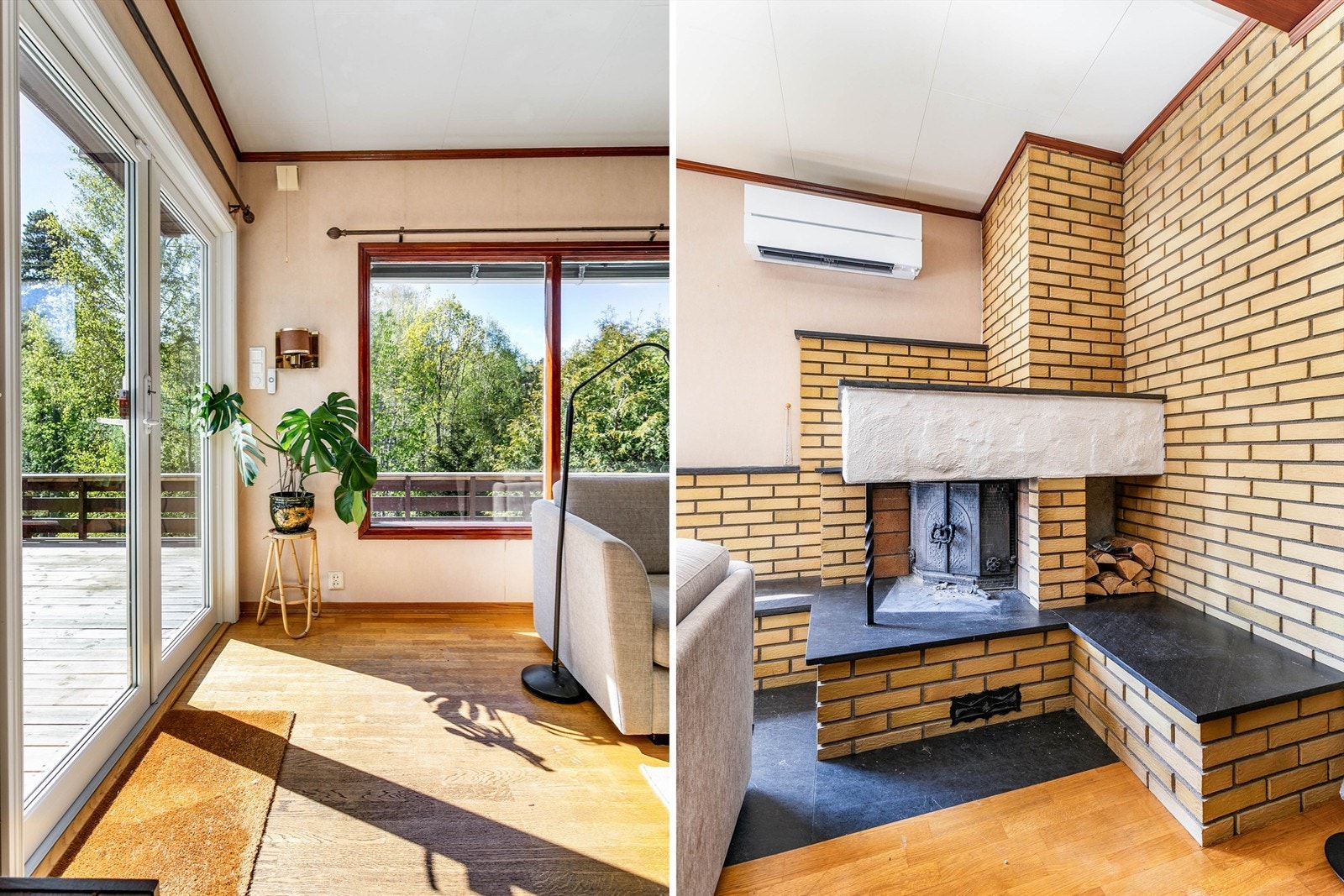 I tillegg til nyere varmepumpe inneholder stuen to ildsteder; både vedovn og oppmuret peis med innsatselement. Galleribilde