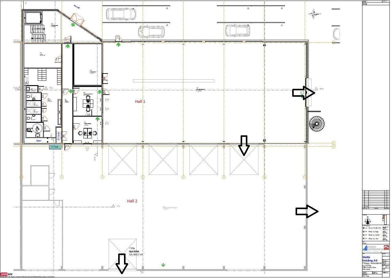 Byggets 1. etasje produksjonshaller, garderobe og kontorer Galleribilde
