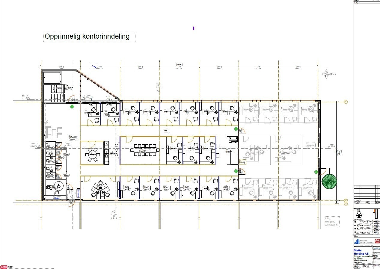 Byggets 3. etasje med kontorer, garderobe og møterom. Største møterom er i dag omgjort til kontorer. Galleribilde