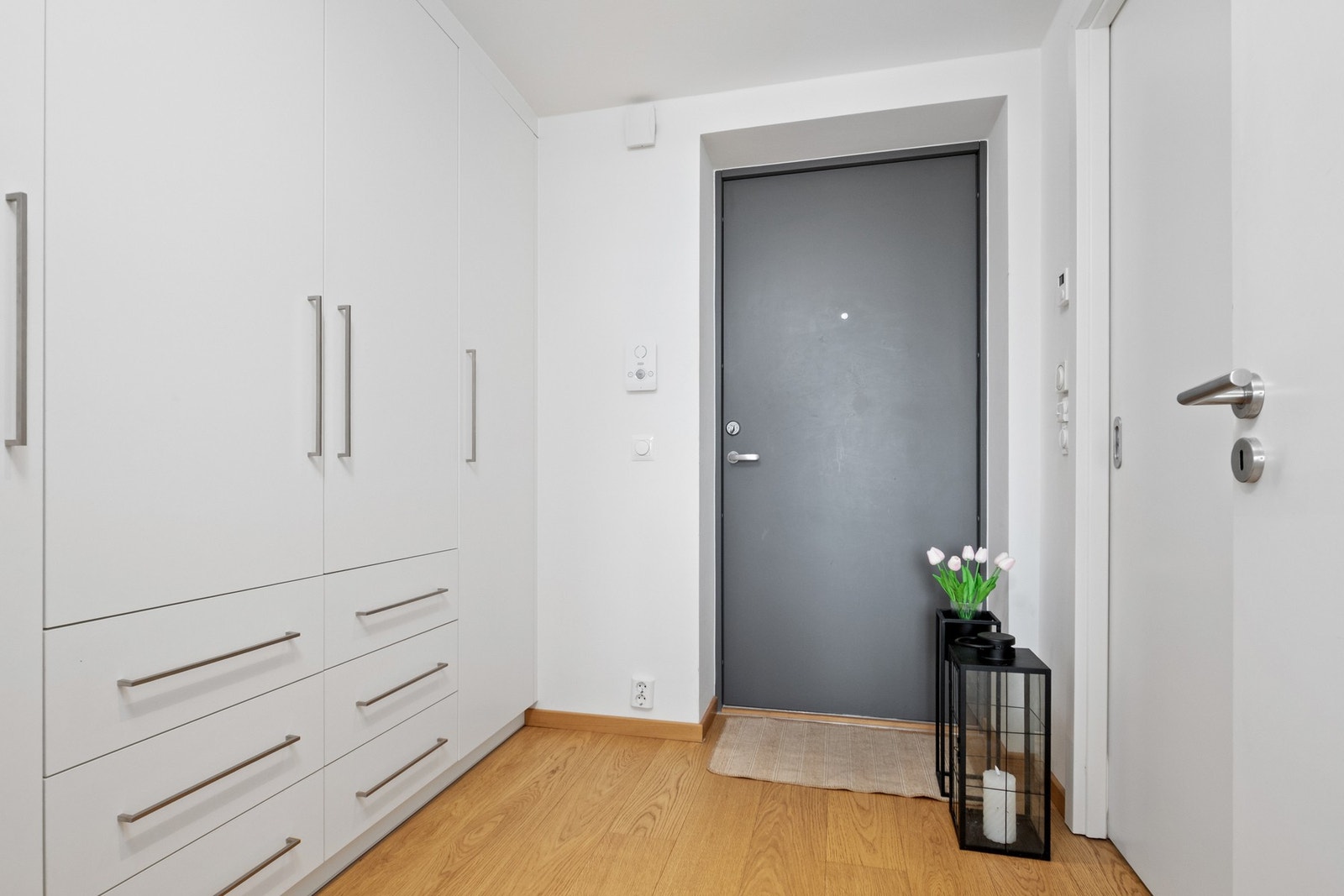 Entreen har enstavs parkettgulv med vannbåren gulvvarme, hvitmalte vegger og glatt, listefri himling, en standard som går igjen i allrommet som utgjør stue og kjøkken. Galleribilde