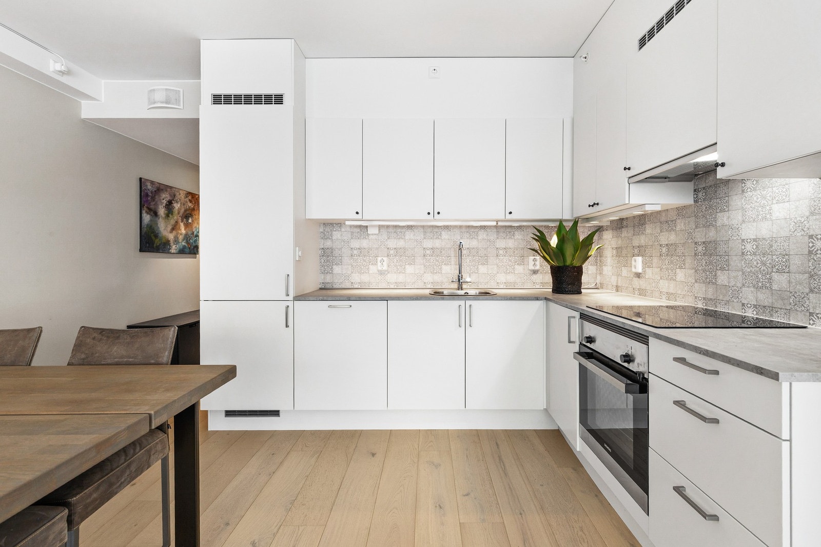 Det er montert komfyrvakt og lekkasjestopper, og det er synlig fuktsensor til automatisk vannstopper under oppvaskkummen Galleribilde