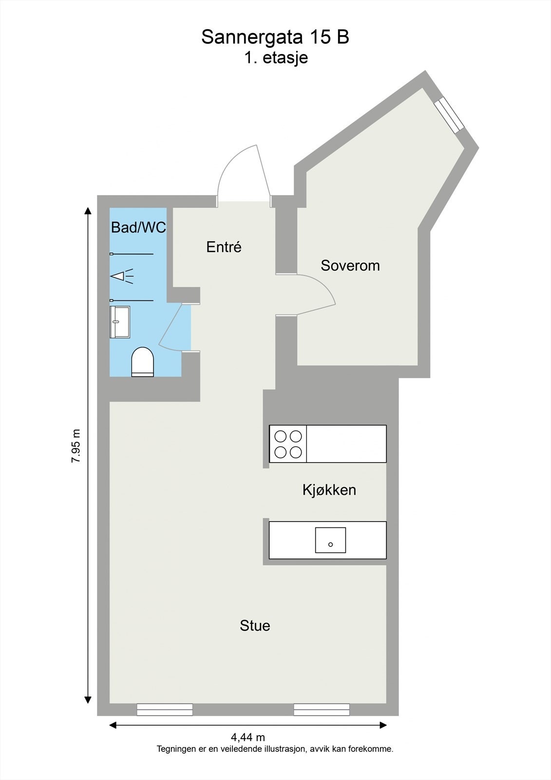 Leiligheten har en praktisk planløsning med soverom som vender mot bakgård, flislagt bad samt praktisk stue og kjøkkenløsning. Galleribilde