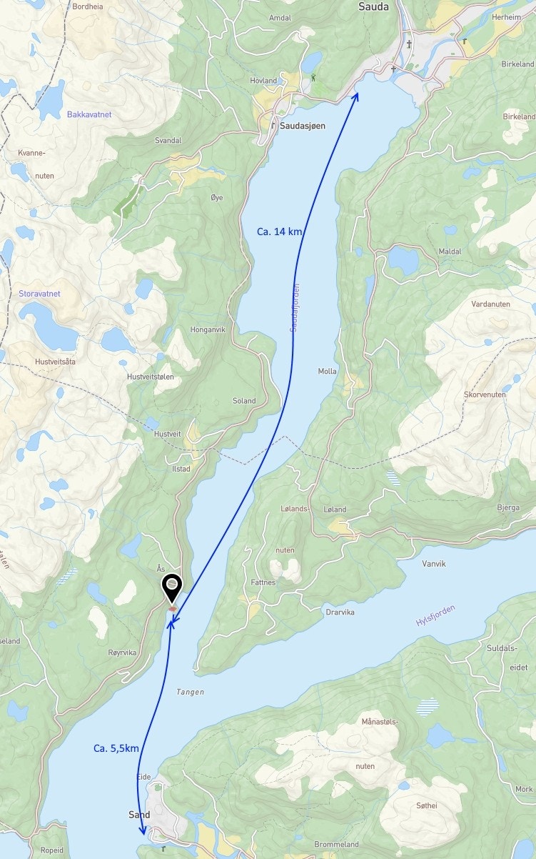 Oversikt Saudafjorden - avstand til Sand og Sauda Galleribilde